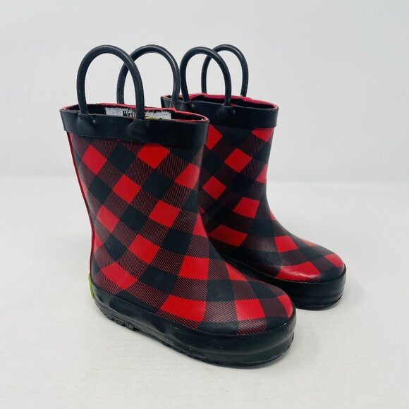 Western Chief Toddler Size 5/6 Buffalo Plaid Rubber Rain Boots in Black/Red S4 - Picture 1 of 6